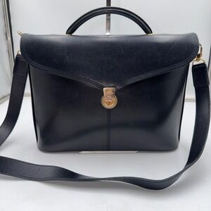 Longchamp Black Leather Satchel Briefcase Bag Gold Lock Key Shoulder Strap